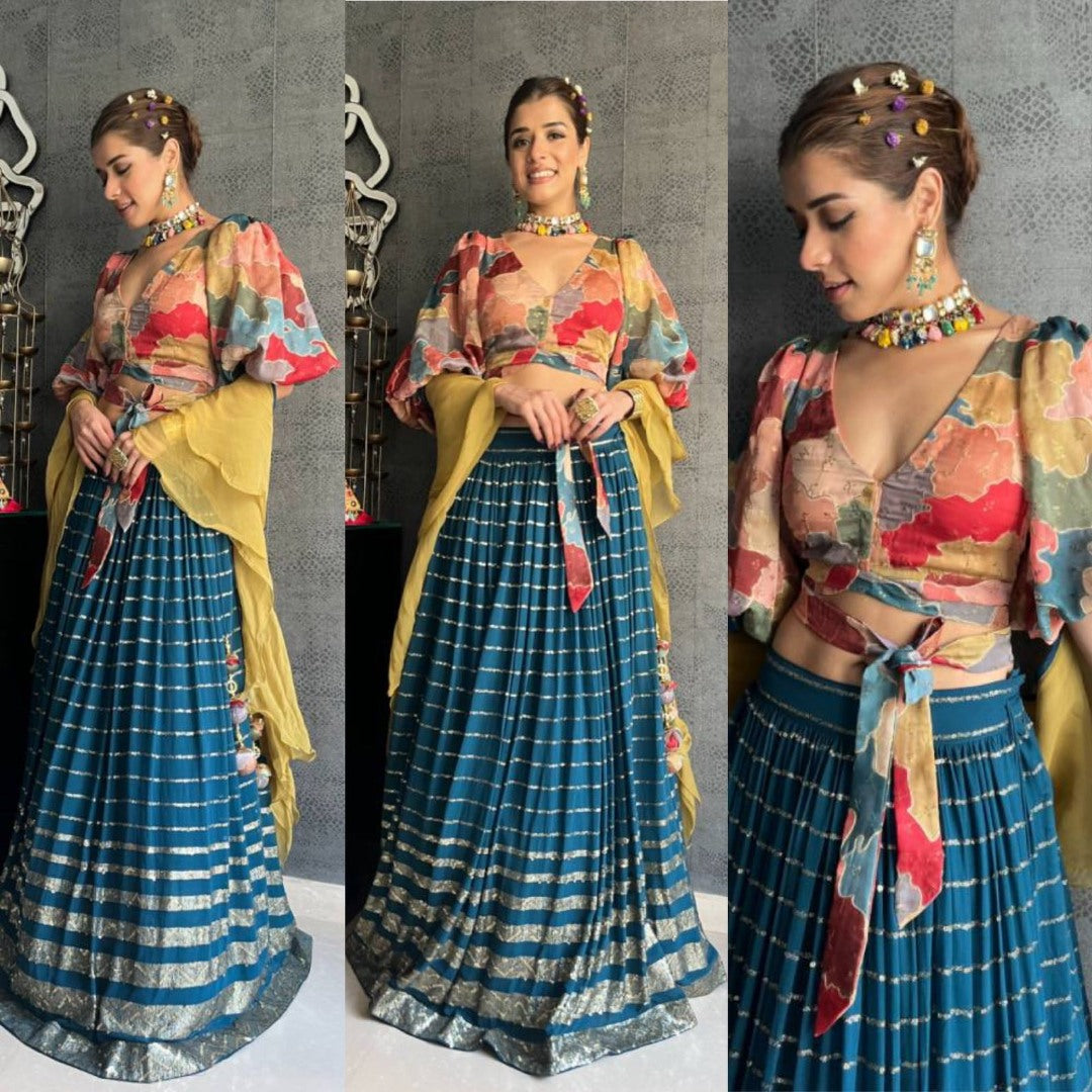 Rama georgette sequence embroidered indowestern lehenga with multicolor blouse