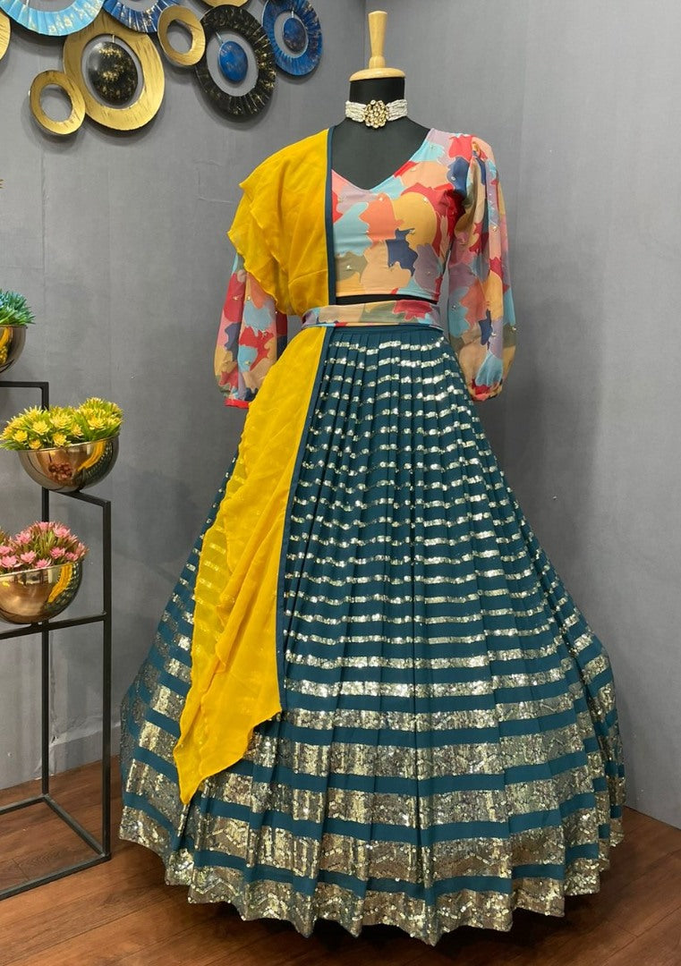 Rama georgette sequence embroidered indowestern lehenga with multicolor blouse