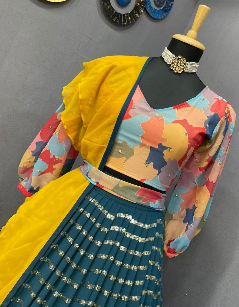 Rama georgette sequence embroidered indowestern lehenga with multicolor blouse