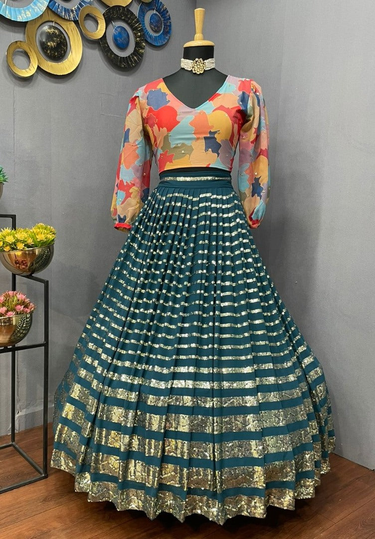 Rama georgette sequence embroidered indowestern lehenga with multicolor blouse