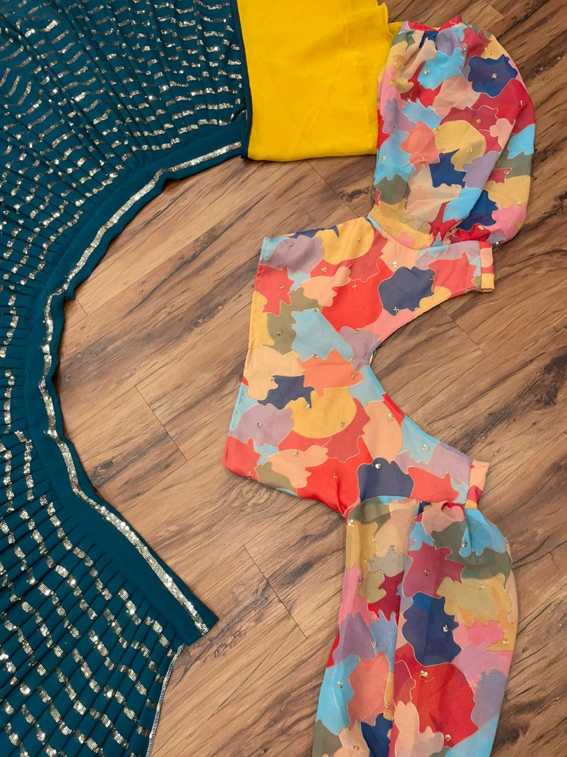 Rama georgette sequence embroidered indowestern lehenga with multicolor blouse