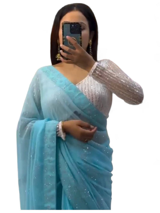 Rama georgette shiny hot fix work party wear saree