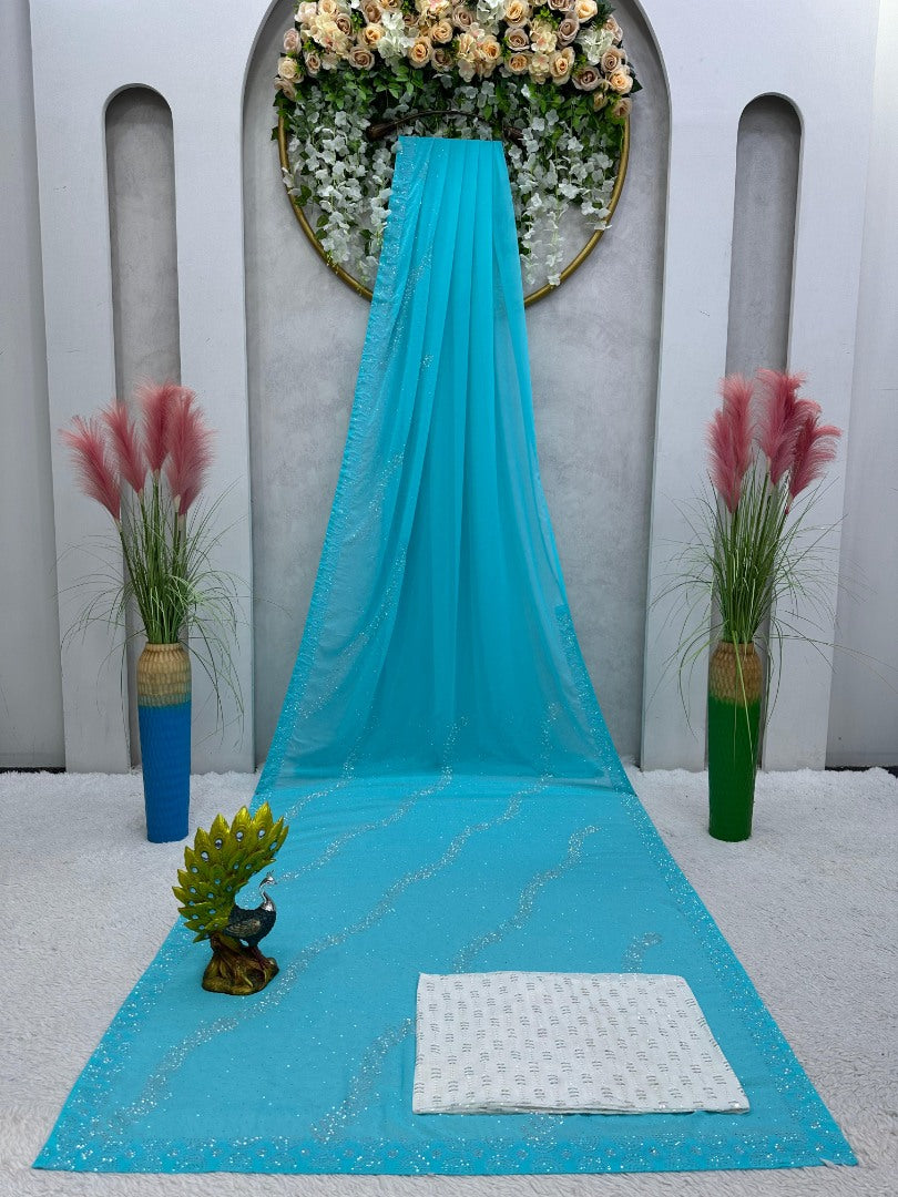 Rama georgette shiny hot fix work party wear saree