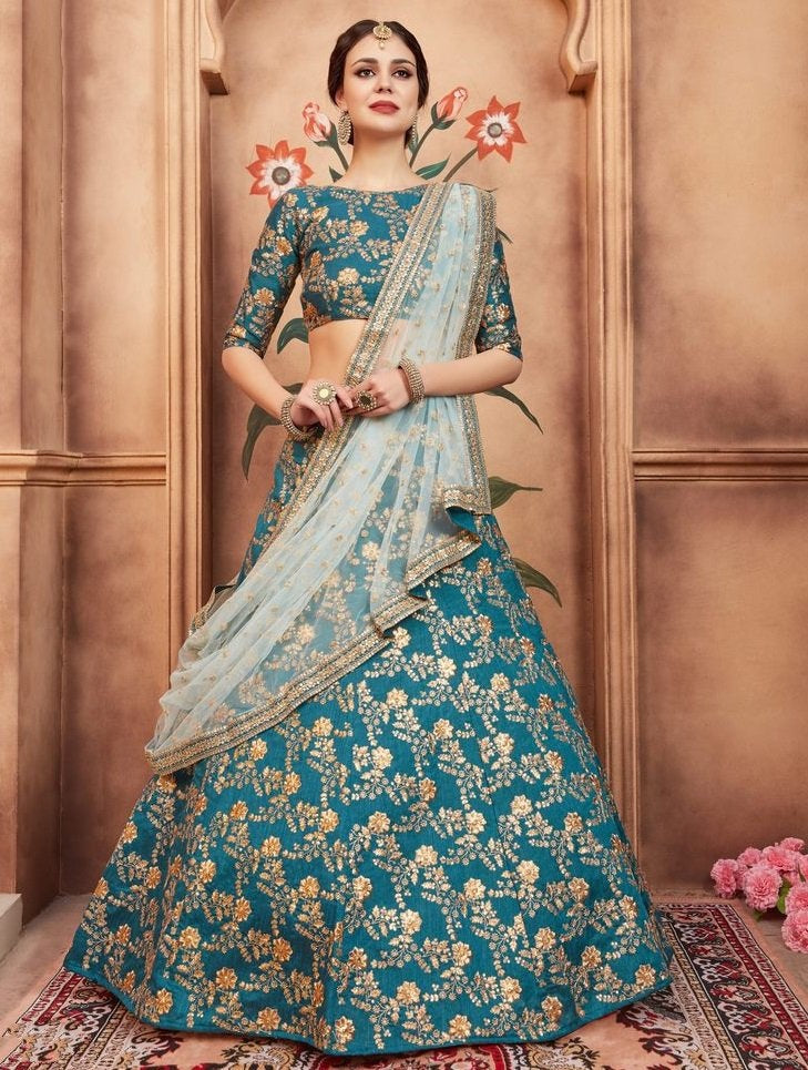 Rama green art silk designer embroidered bridal wedding lehenga choli
