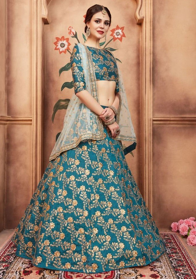 Rama green art silk designer embroidered bridal wedding lehenga choli