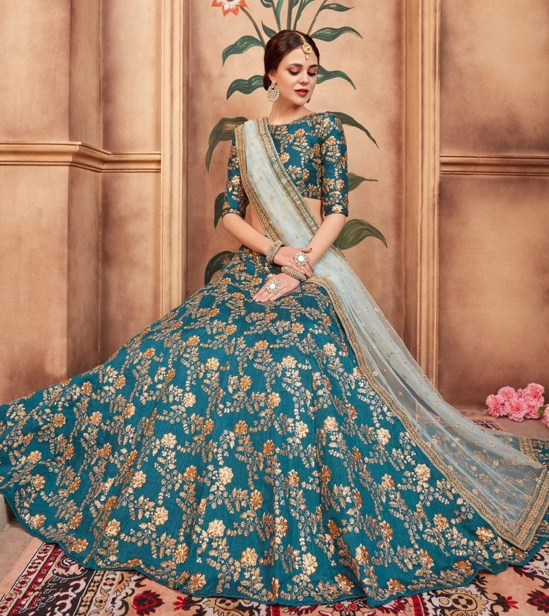 Rama green art silk designer embroidered bridal wedding lehenga choli