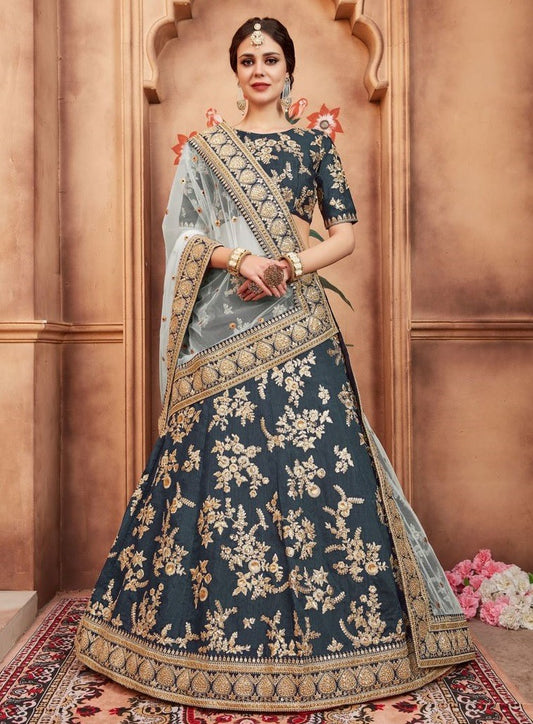 Rama green art silk heavy embroidered bridal lehenga choli
