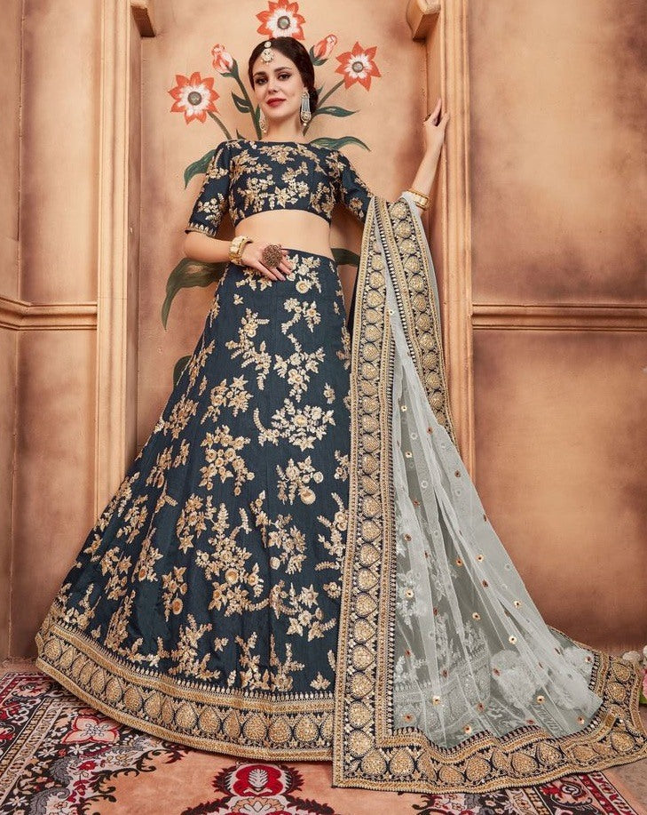 Rama green art silk heavy embroidered bridal lehenga choli
