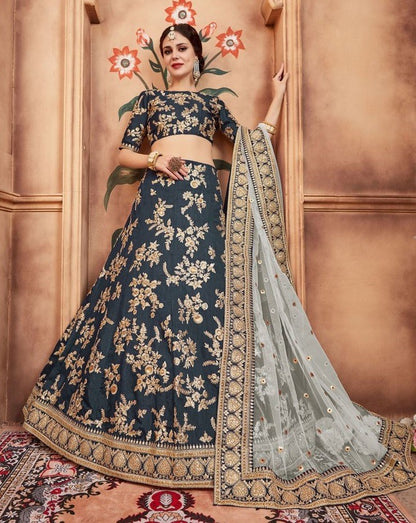 Rama green art silk heavy embroidered bridal lehenga choli