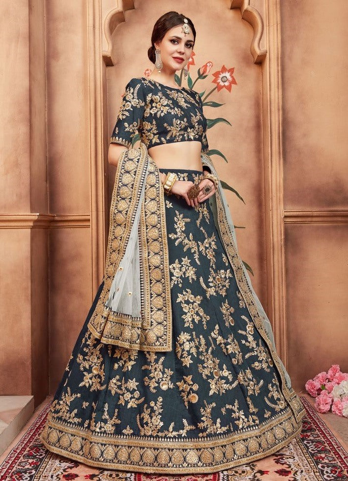 Rama green art silk heavy embroidered bridal lehenga choli