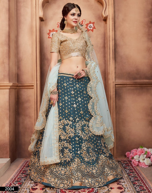 rama green art silk sequence dori and cut work wedding lehenga