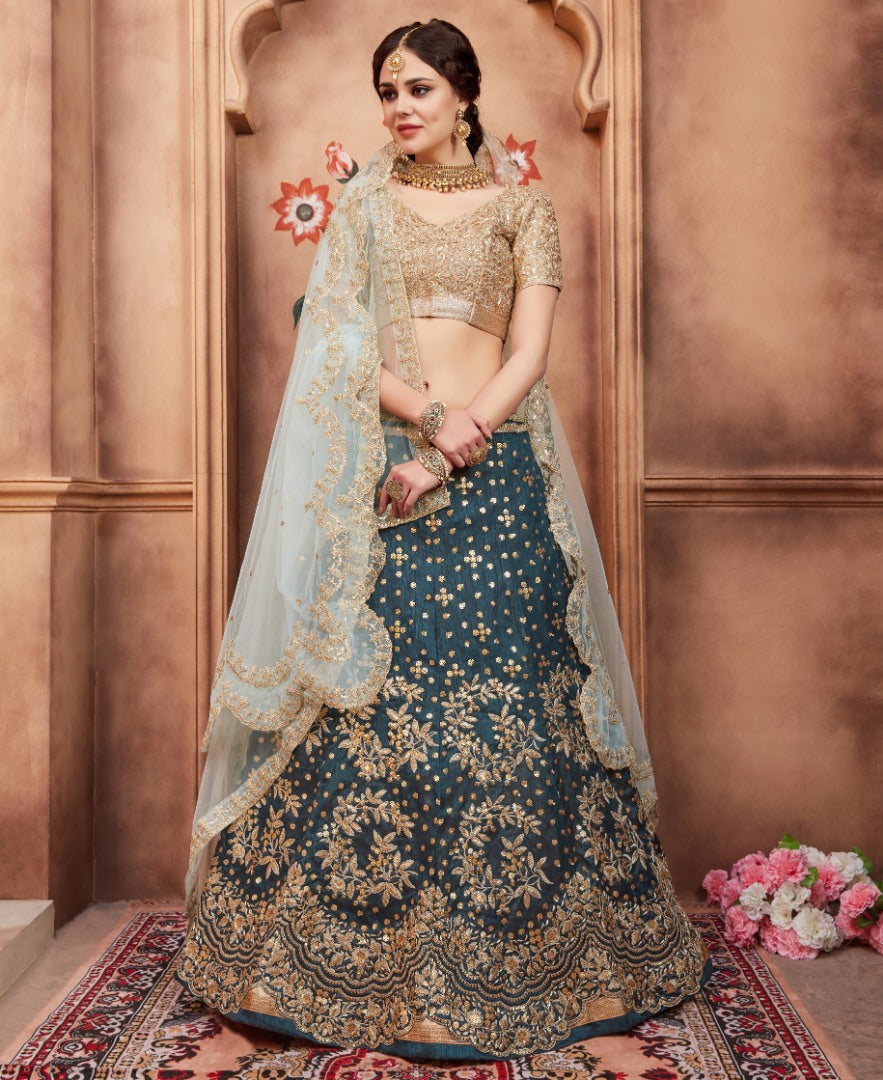 rama green art silk sequence dori and cut work wedding lehenga