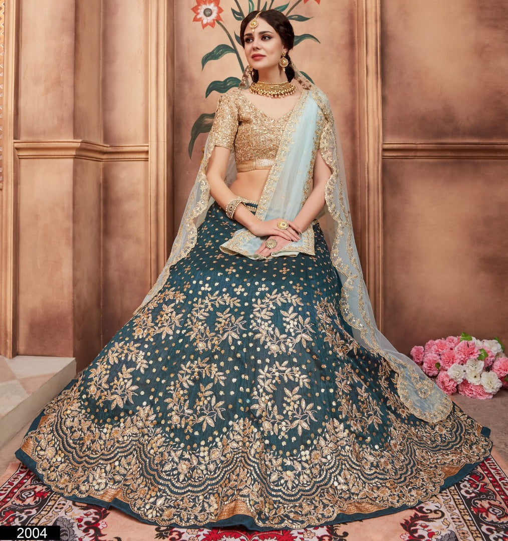 rama green art silk sequence dori and cut work wedding lehenga