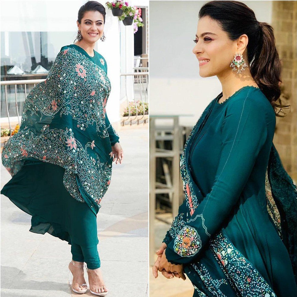 Rama green georgette gown with printed dupatta