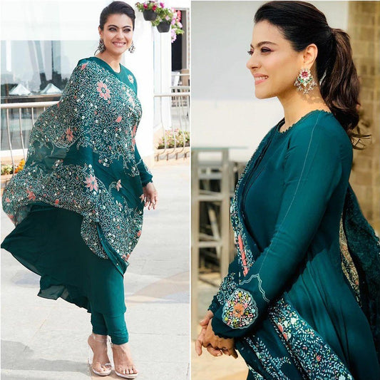 Rama green georgette gown with printed dupatta