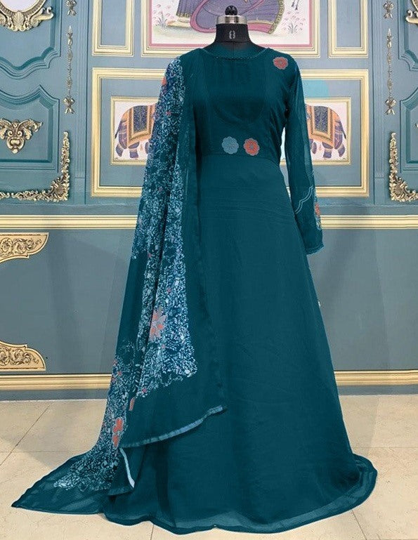 Rama green georgette gown with printed dupatta