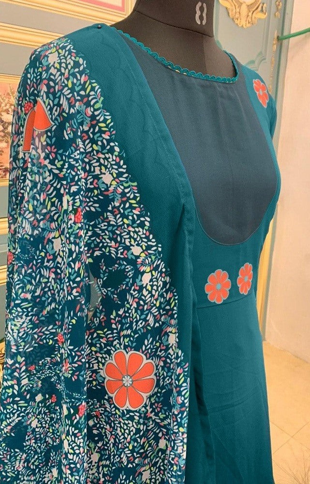 Rama green georgette gown with printed dupatta