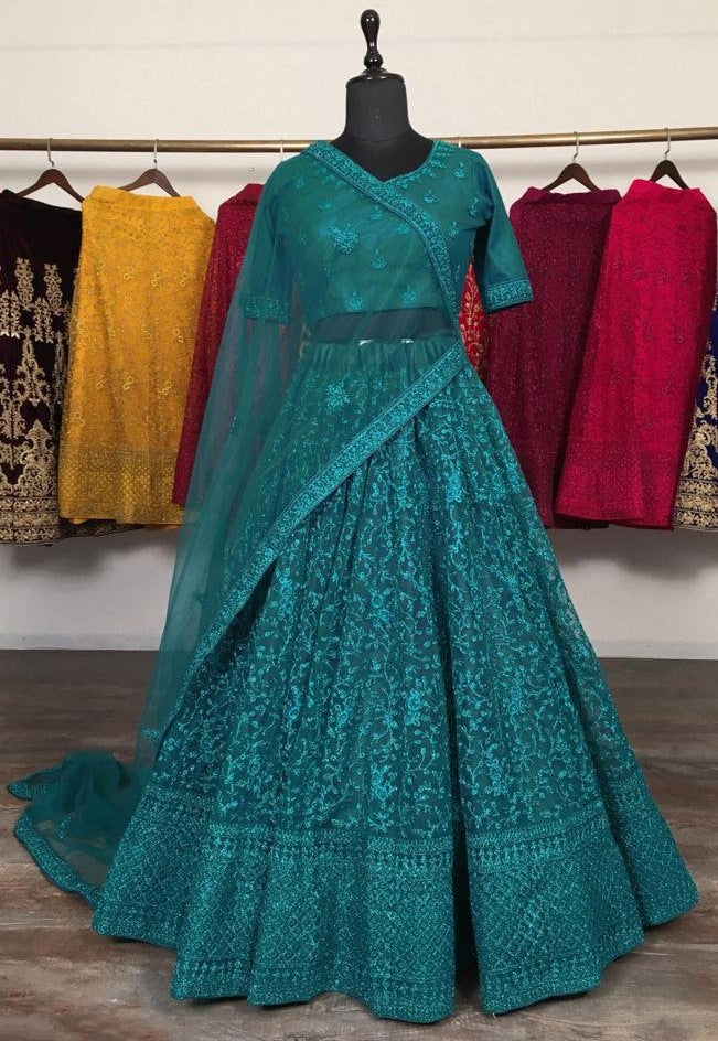 Rama green net glitter zari embroidery work lehenga choli