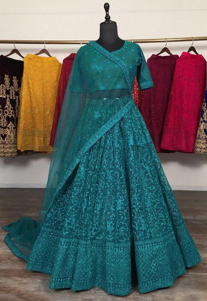 Rama green net glitter zari embroidery work lehenga choli