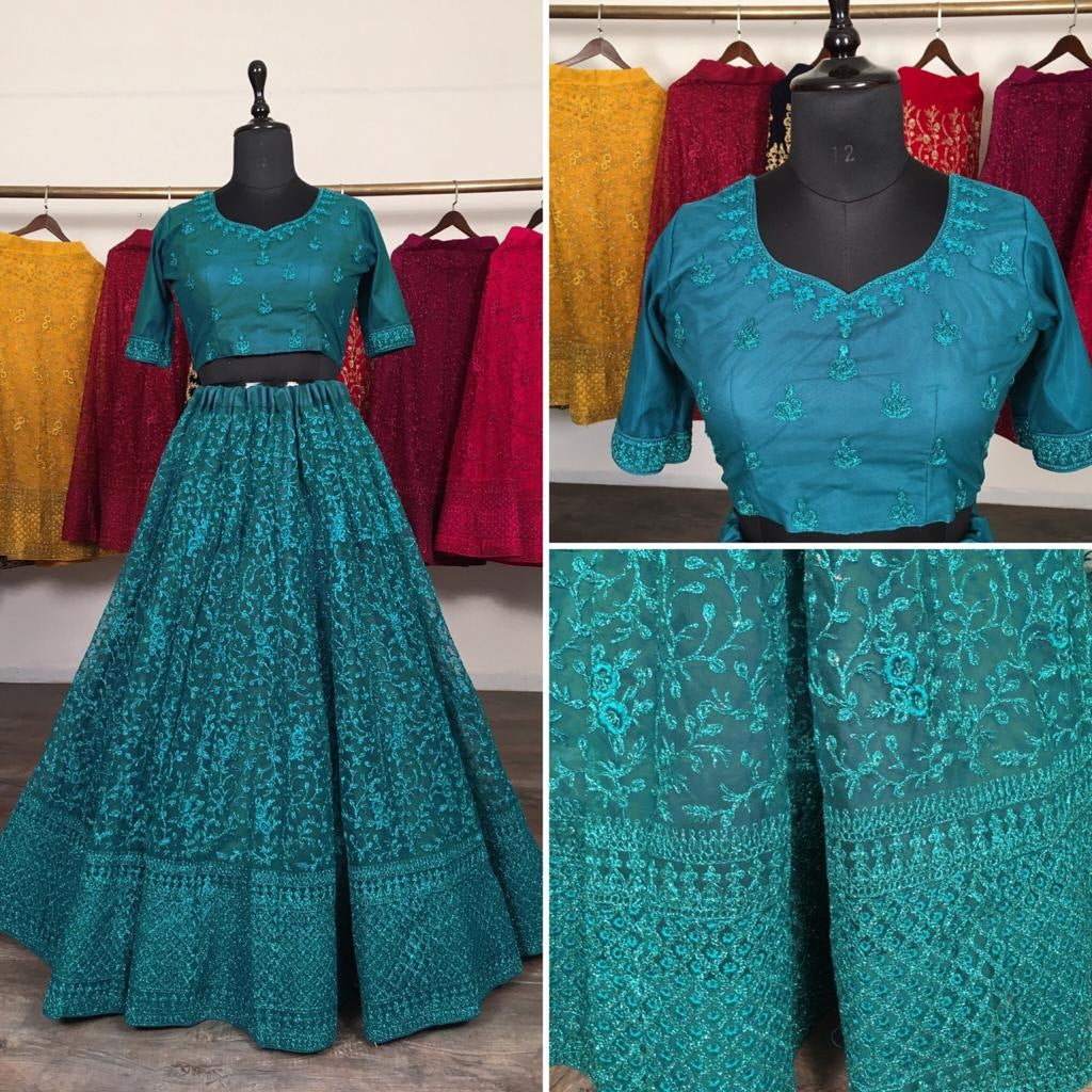 Rama green net glitter zari embroidery work lehenga choli