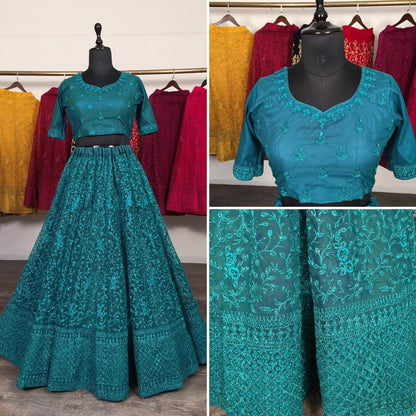Rama green net glitter zari embroidery work lehenga choli