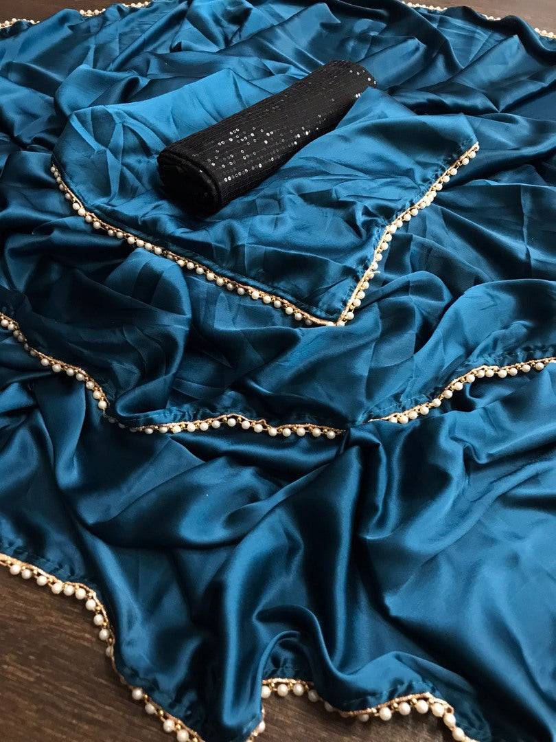 Rama japan satin party wear saree with pearl lace with sequence work blouse