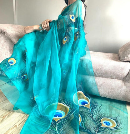 Rama morpinchh printed designer organza saree