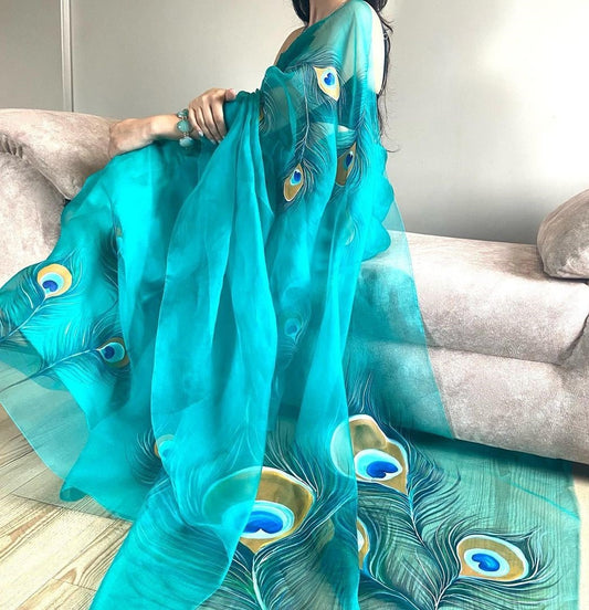 Rama morpinchh printed designer organza saree