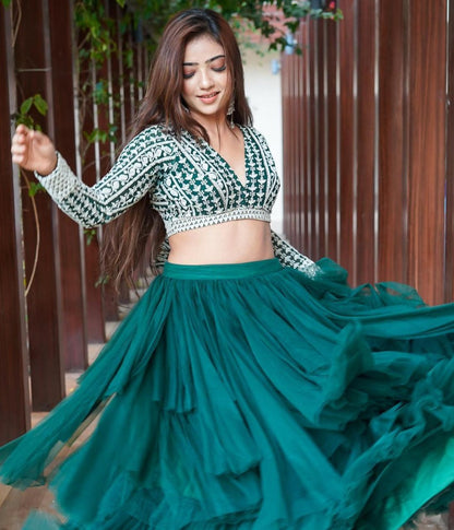 Rama net embroidery work flary lehenga choli