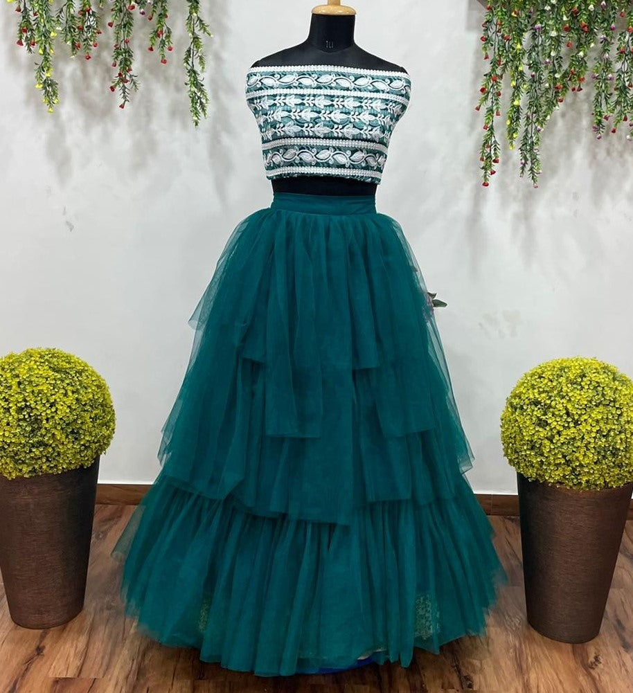 Rama net embroidery work flary lehenga choli