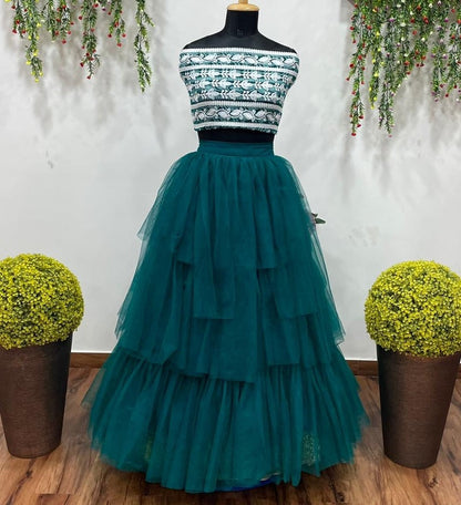 Rama net embroidery work flary lehenga choli