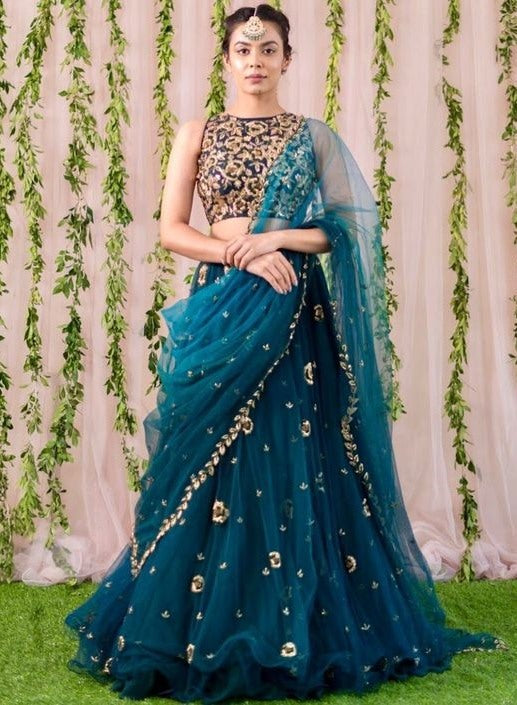 Rama net seuqence work wedding lehenga choli
