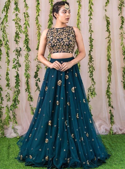 Rama net seuqence work wedding lehenga choli
