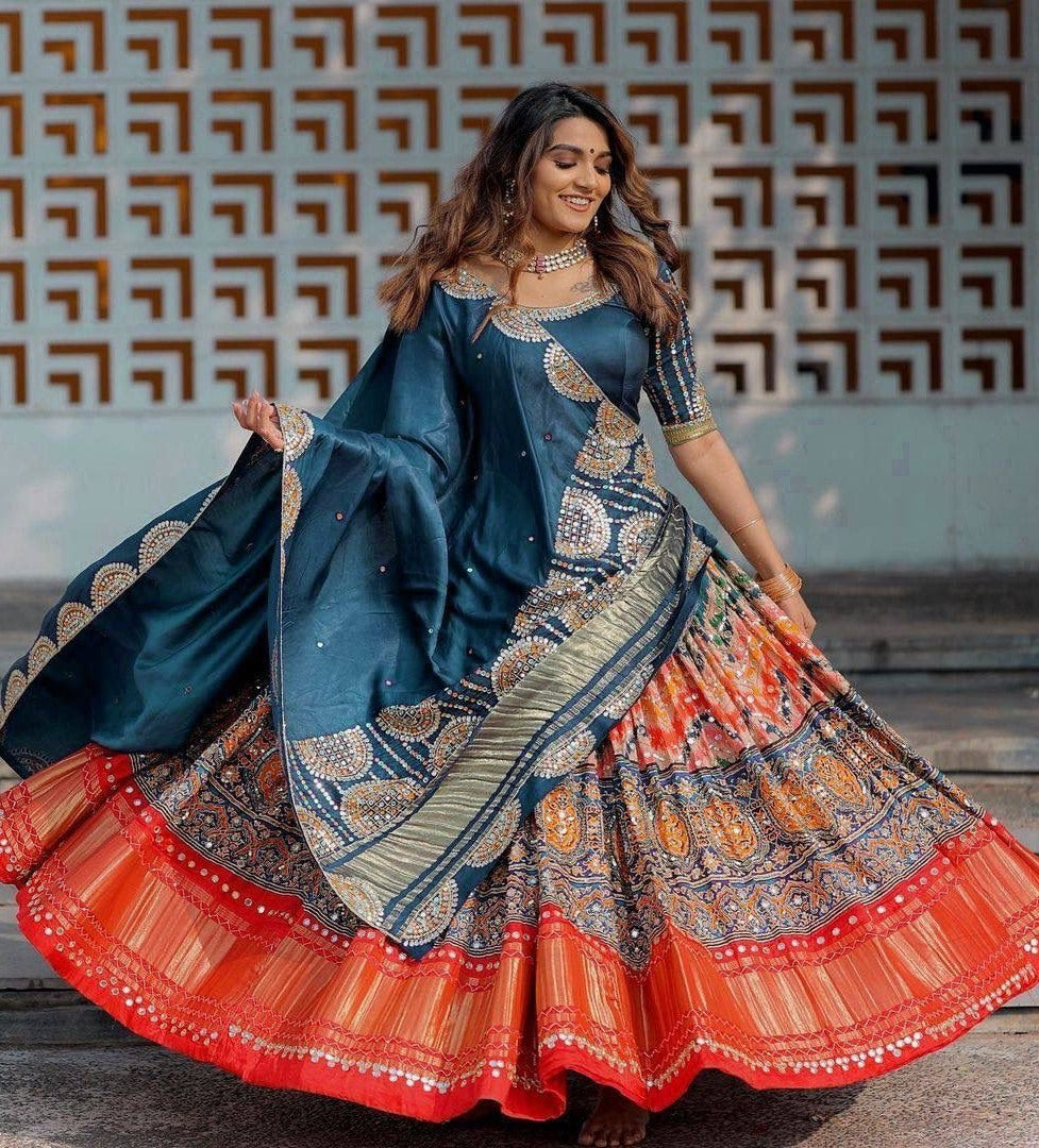 Rama orange mirror work gujarati garba navratri lehenga chaniya choli