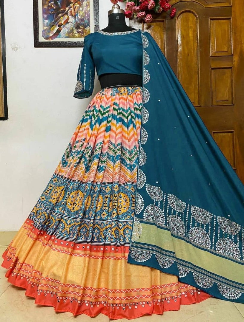 Rama orange mirror work gujarati garba navratri lehenga chaniya choli