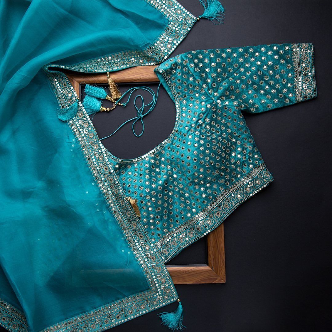 Rama organza coading and sequence work wedding saree