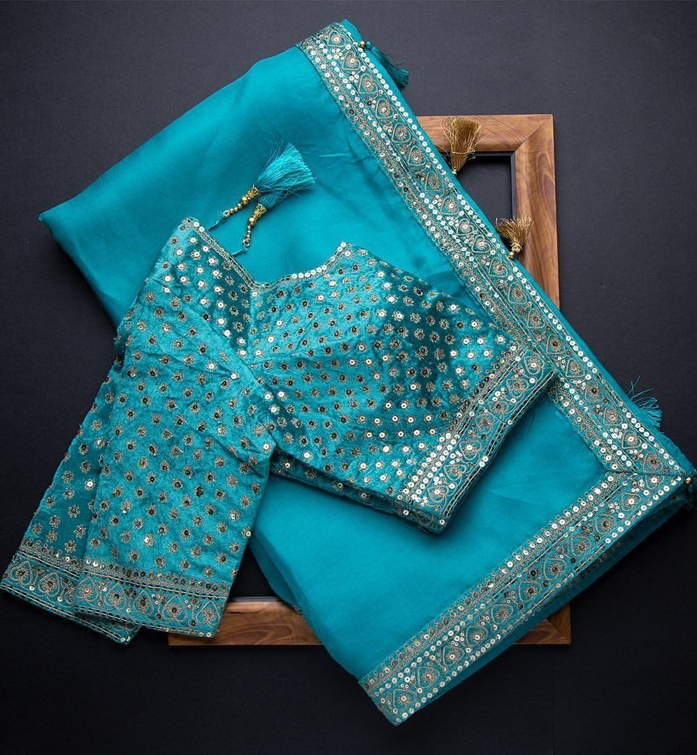 Rama organza coading and sequence work wedding saree