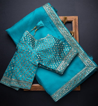 Rama organza coading and sequence work wedding saree