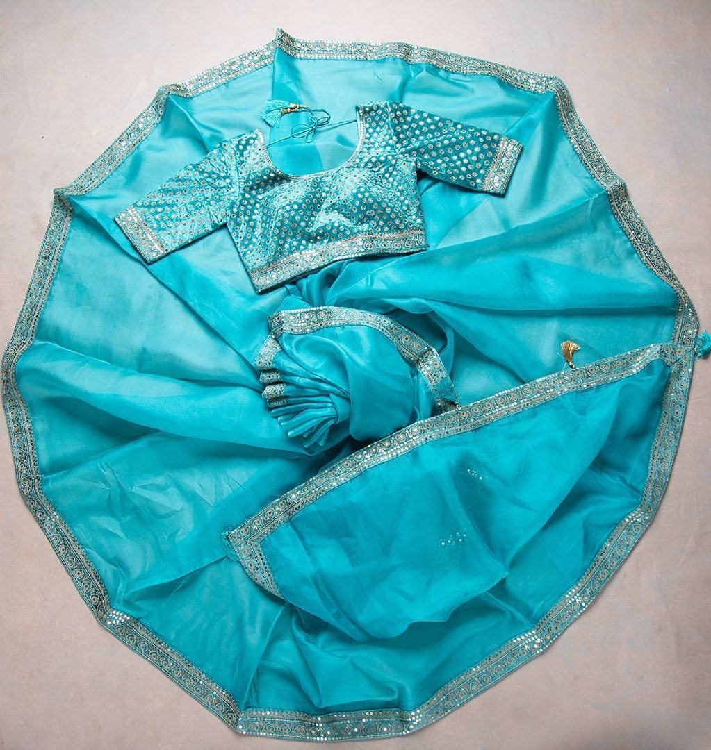 Rama organza coading and sequence work wedding saree