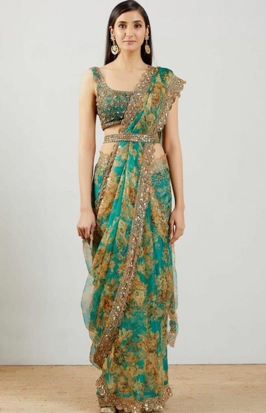 Rama organza sequence embroidered work party wear saree