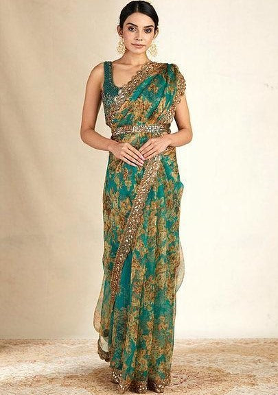 Rama organza sequence embroidered work party wear saree