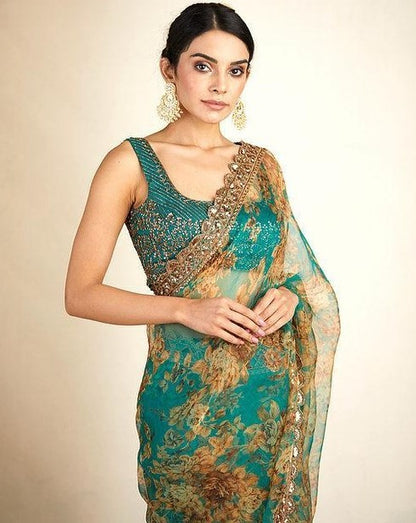 Rama organza sequence embroidered work party wear saree