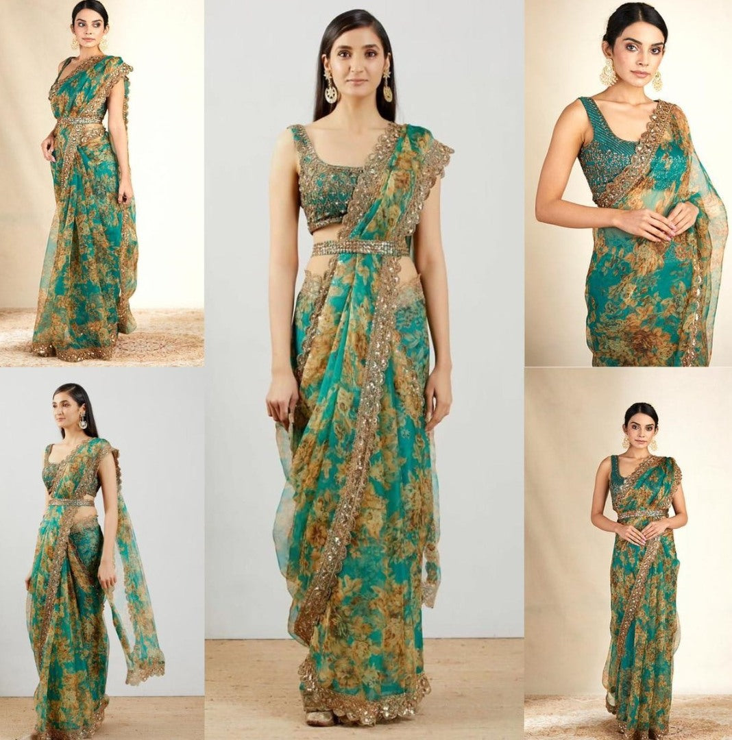 Rama organza sequence embroidered work party wear saree