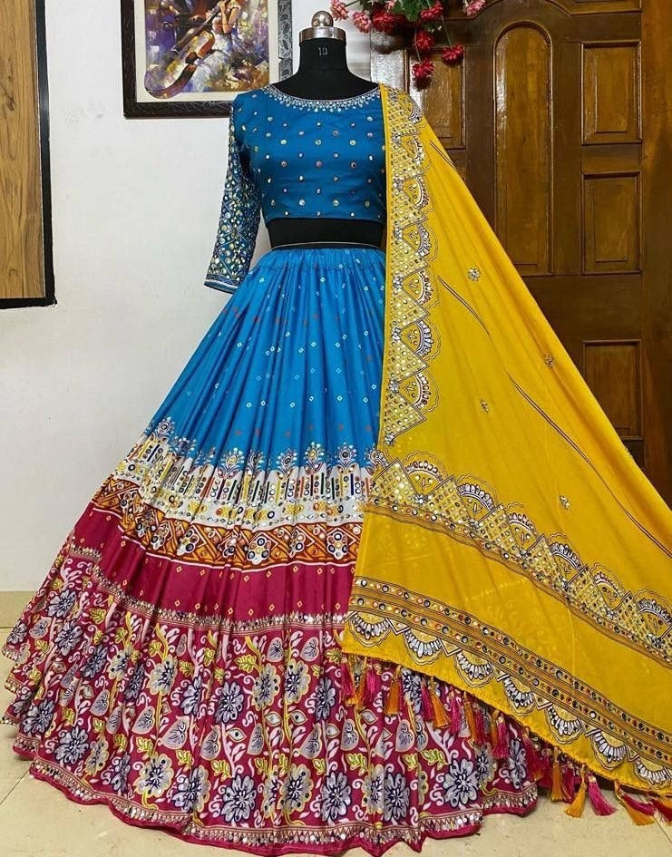 Rama print and mirror work gujarati garba navratri lehenga chaniya choli