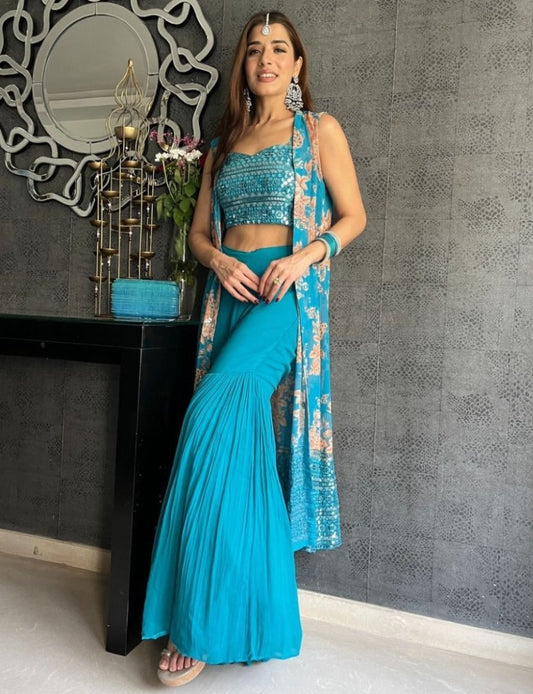 Rama print and thread sequence embroidered sharara suit with shrug