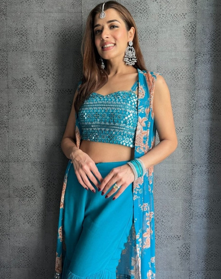 Rama print and thread sequence embroidered sharara suit with shrug