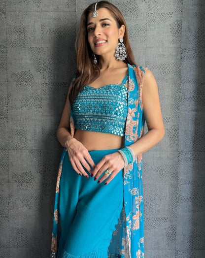 Rama print and thread sequence embroidered sharara suit with shrug