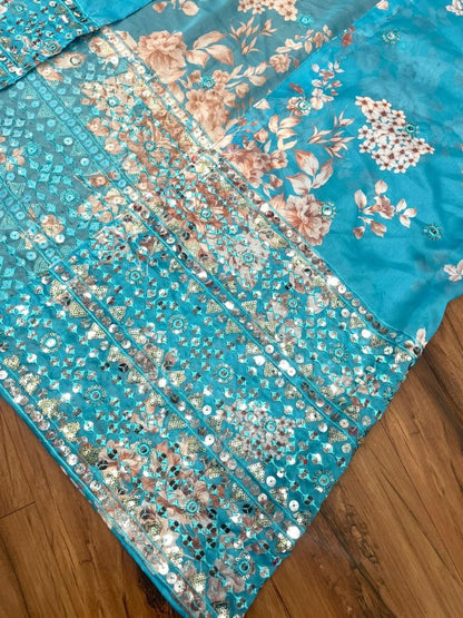 Rama print and thread sequence embroidered sharara suit with shrug