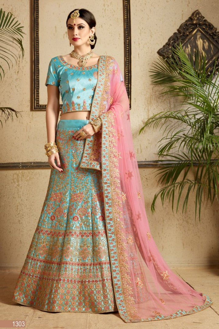 Rama satin heavy embroidered designer bridal wedding lehenga