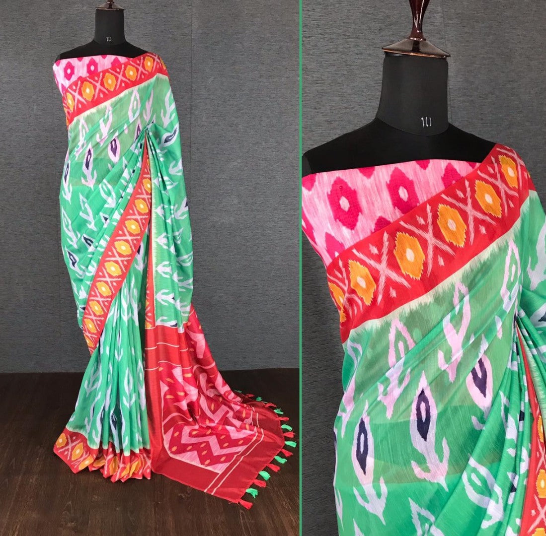 Rama slub linen cotton digital printed work saree